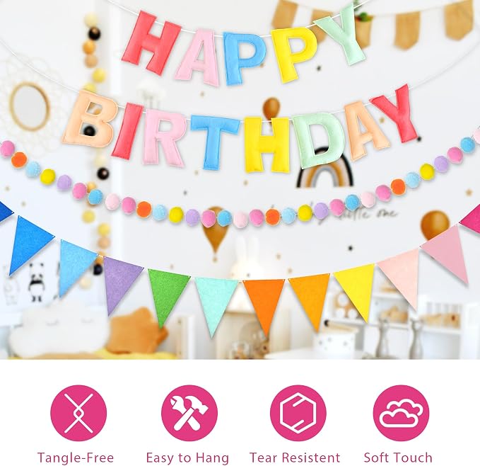 CANREVEL Pre-Strung 3D Rainbow Happy Birthday Banner, 3 PCS Happy Birthday Felt Sign, Pom Pom Garland, Triangle Fabric Bunting, Colorful Reusable Birthday Decorations for Women Men Girls Boys, Pink