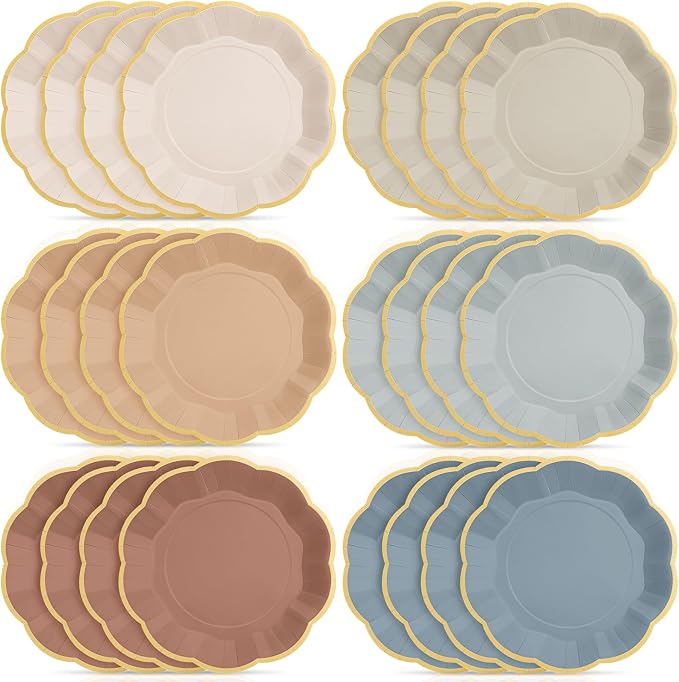 72 Pcs Morandi Color Paper Plates 9 Inch Brown Blue Gradient Scalloped Paper Disposable Dinner Dessert Plates for Birthday Wedding Bridal Party Supplies, 6 Colors