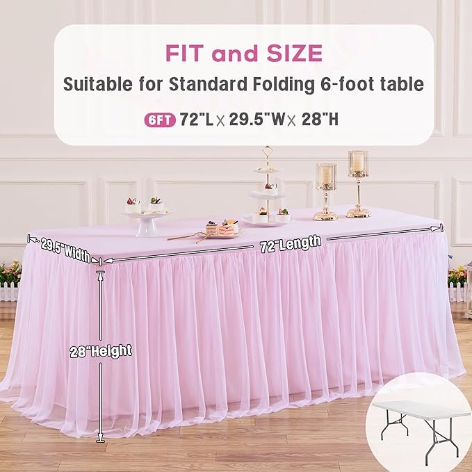 Suppromo 2 Pack 6ft Pink Tablecloths for Rectangle Tables 72 x 30 Inch Pink Rectangular Table Cloth, Wrinkle Free Table Cover with Tutu Skirt for Baby Shower Birthday Party Banquet Buffet Cake