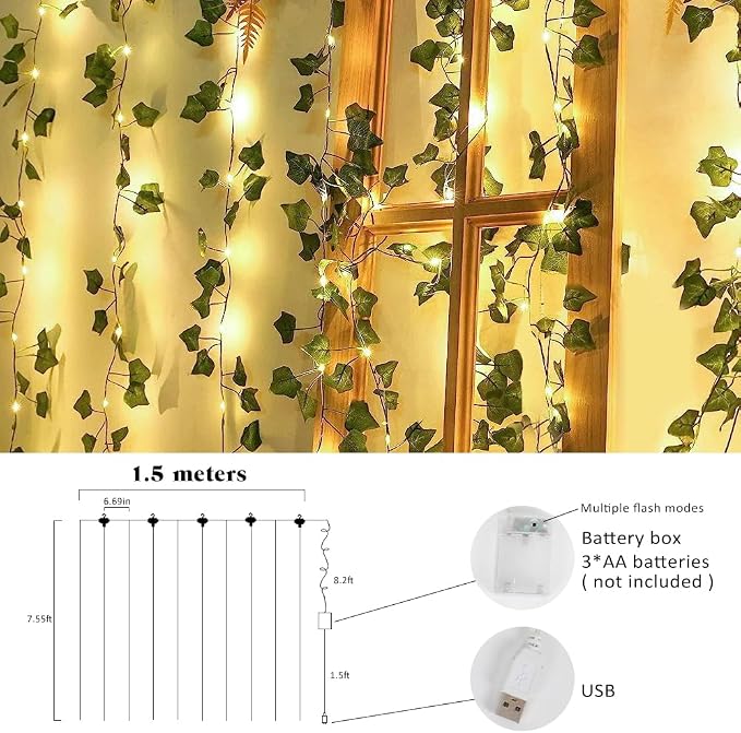 RECUTMS Vines with Lights Strings 59 Inches Wall Leaves Artificial Ivy Greenery Garland Fake Green Decorations Hanging Silk Leaf Plant All Year Round for Garden Office Wedding Table