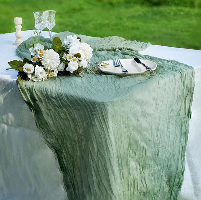 12 Pcs Sage Green Cheesecloth Table Runner 13ft Boho Gauze Cheesecloth Table Runner 160 inch Long for Christmas Wedding Bridal Baby Shower Birthday Table Decorations