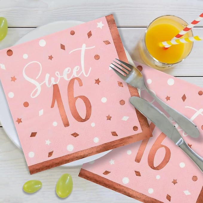 Rose Gold & Pink Sweet 16 Birthday Bundle: Party Supplies Set with paper Plates, Napkins, Cups, Tablecloth & Banner - Sweet Sixteen Decorations, Party Favors ，Serves 25