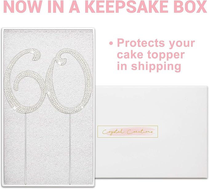60 Cake Topper - Premium Silver Metal - 60th Birthday or Anniversary Party Sparkly Rhinestone Decoration Makes a Great Centerpiece - Now Protected in a Box
