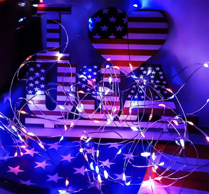 QITONG 2 Pack Fairy Lights Battery Operated, Each 33ft 100LED 4th of July String Lights Outdoor, 8 Modes Silver Wire Twinkle Mini Lights for Patriotic Independence Memorial Decor(Red White and Blue)
