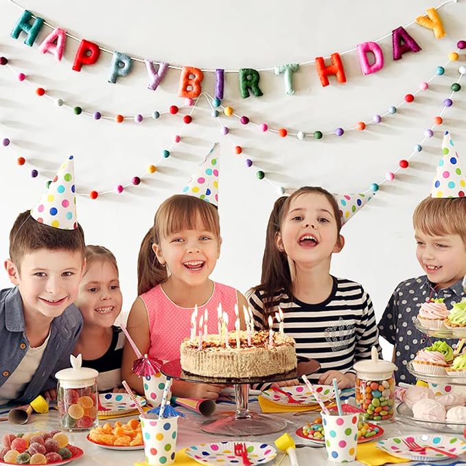 Pre-Strung Happy Birthday Banner - Felt Ball Garland, Rainbow Party Decorations, HAPPY BIRTHDAY Garland, Personalized Birthday Sign for Birthday Decor, Party Decor, Photo Prop (Colorful Happy Birthday Banner)