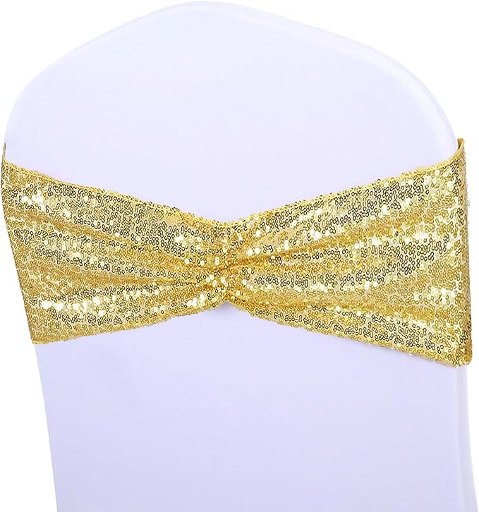 SquarePie Pack of 100 Chair Sashes Bands Gold Stretch Spandex One-Sided Sequin Chair Sashes Bows for Wedding Party Fiesta Decor