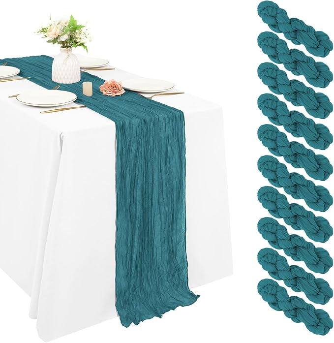 10 Pack Cheesecloth Table Runner 17 x 108 inch Long Boho Gauze Table Runners Semi Sheer Table Runner for Wedding Decor, Baby Shower, Birthday Party, Banquet (Teal)