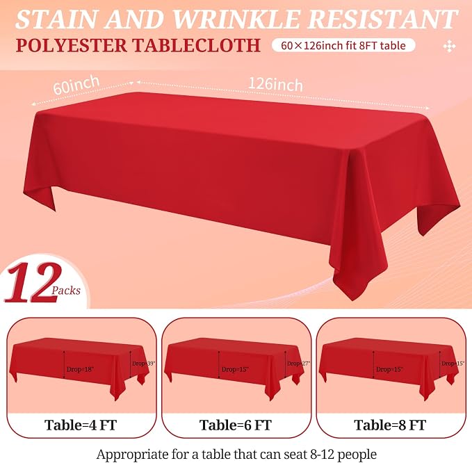 12 Pack Polyester Tablecloth -60 x 126 Inch Red Table Cloth for 8 Feet Rectangle Tables, Stain and Wrinkle Resistant Washable Fabric Table Cover for Wedding Party Banquet Restaurant Kitchen