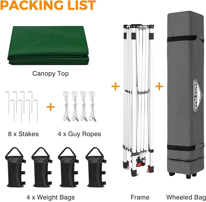 EAGLE PEAK Pop Up Canopy Tent with Wheeled Carry Bag, 8 Stakes, 4 Ropes, 4 Weight Bags, Easy Set Up Tent Canopy, 10x10 ft, 100sqft of Shade, Green