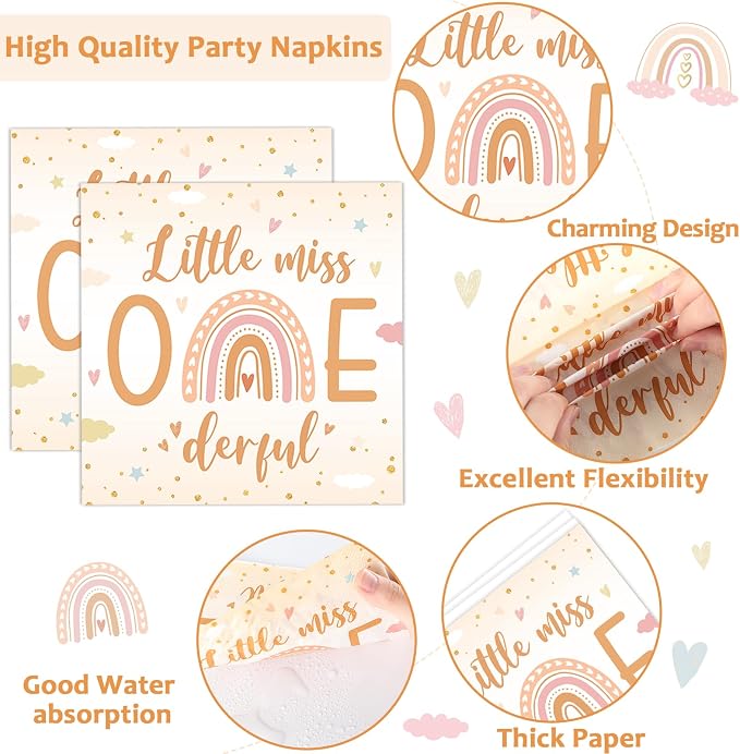 96Pcs Boho Rainbow Party 1st Decorations Miss Little One Derful 1st Themed Tableware Rainbow First Trip Birthday Plates Napkins Forks Onederful Dinnerware Supplies for Baby Shower Birthday Serves 24