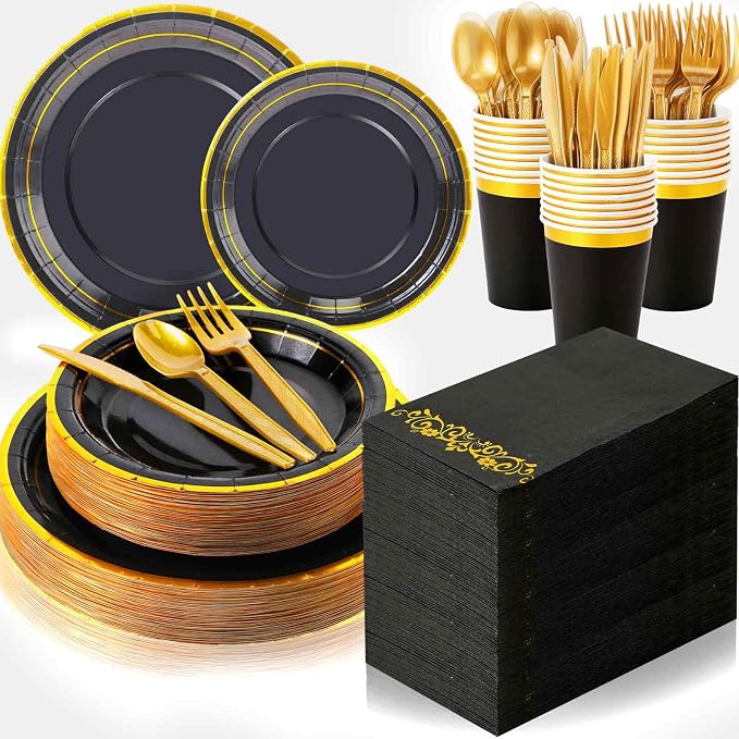 350 Pcs Black and Gold Plastic Plates Disposable Graduation Party Dinnerware Set for 50 Guests 9'' Dinner Silverware 7'' Dessert Plates Cups Napkins Knives Forks Spoons for Wedding Birthday Retirement