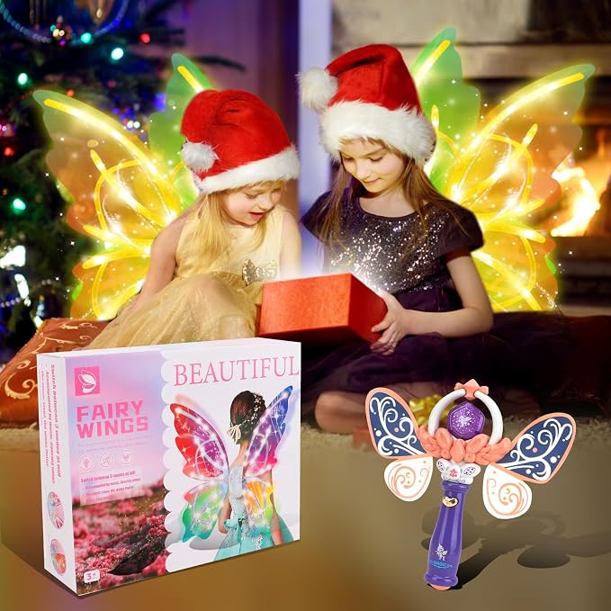 Electric Fairy Wings and princess wand for Girls, Princess Dress up Costume, Moving Butterfly Wings with LED Lights and Music, Toys for Kids as Halloween Birthday Christmas Party Cosplay Gift