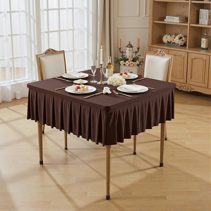 Wish Care Chocolate Spandex Tablecloths for 34x34 Inch Square Tables, Stretch Fitted Table Clothes with Pleated Ruffle Skirt for 34” Table, Wrinkle Free and Elastic, for Party Kitchen Home Dining