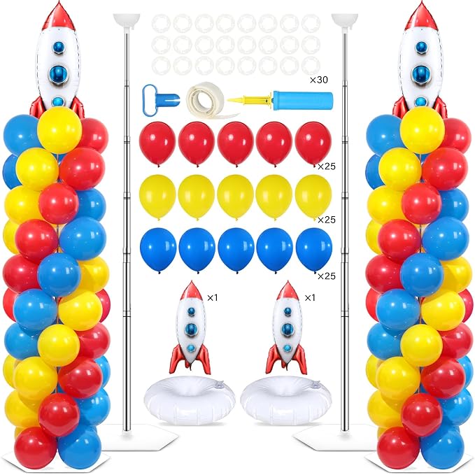 2 Sets Toy Inspired Story Balloons Column Stand Kit With 102 Rocket Foil Balloons 5.57ft Adjustable Tower Stand With Base Arch Column for Baby Shower Carton Birthday Party Supplies