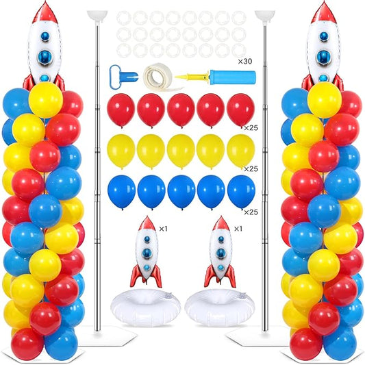 2 Sets Toy Inspired Story Balloons Column Stand Kit With 102 Rocket Foil Balloons 5.57ft Adjustable Tower Stand With Base Arch Column for Baby Shower Carton Birthday Party Supplies