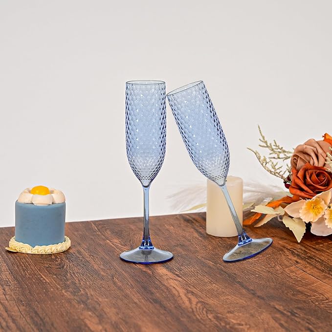 Pesonlook 24 Pack Plastic Champagne Glasses Blue Reusable Diamond Crystal Clear Wine Glasses Diamond Wine Cups Vintage Drinking Glasses for Wedding Reception, Grand Event Party Supplies