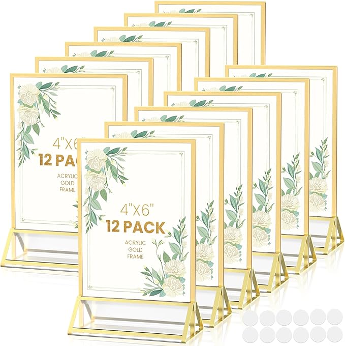 Gold Frames 4X6 Acrylic Sign Holder Double-Sided Gold Picture Frames for Menu Holder Wedding Table Number Holder Christmas Photo Frames with Removable Clear Sticky Dots-12 Pack
