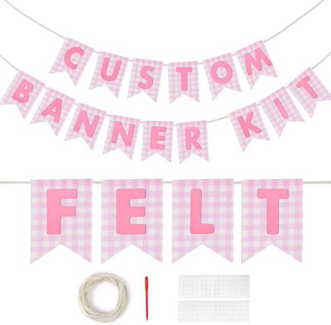 Custom Banner Kit, 28 Pink Printed Burlap Banner with 92 Felt Letters, Make Your Own Diy Customizable Kit for Birthday Wedding Party Decorations