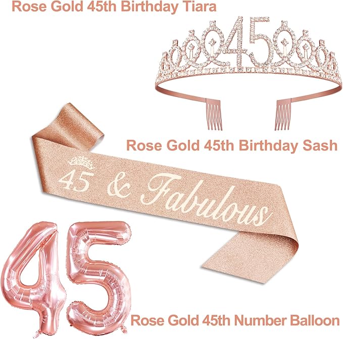 45th Birthday Decorations for Women, Include 45th Birthday Sash and Tiara, Cake Topper and Candles, Number Balloons, 45 Year Old Gifts for Women
