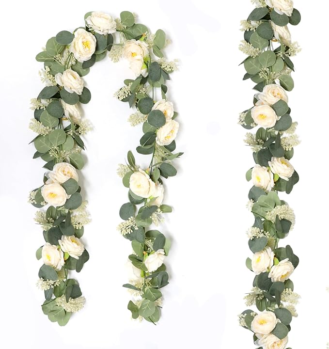 2 Packs Eucalyptus Garland with Flowers, 6.56ft Artificial Flower Greenery Garlands Natural Looking, Floral Garland Rose Vines for Party Wedding Table Backdrop Wall Decor