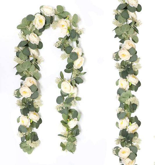 2 Packs Eucalyptus Garland with Flowers, 6.56ft Artificial Flower Greenery Garlands Natural Looking, Floral Garland Rose Vines for Party Wedding Table Backdrop Wall Decor