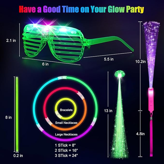OLUPP 148 PCS Glow in the Dark Party Supplies, 16 Fiber Optic Wands, 14 LED Glasses, 100 Glow Sticks and 18 LED Hair Clips Fiber Optic for Neon Party, Wedding, Birthday, Concert, New Year