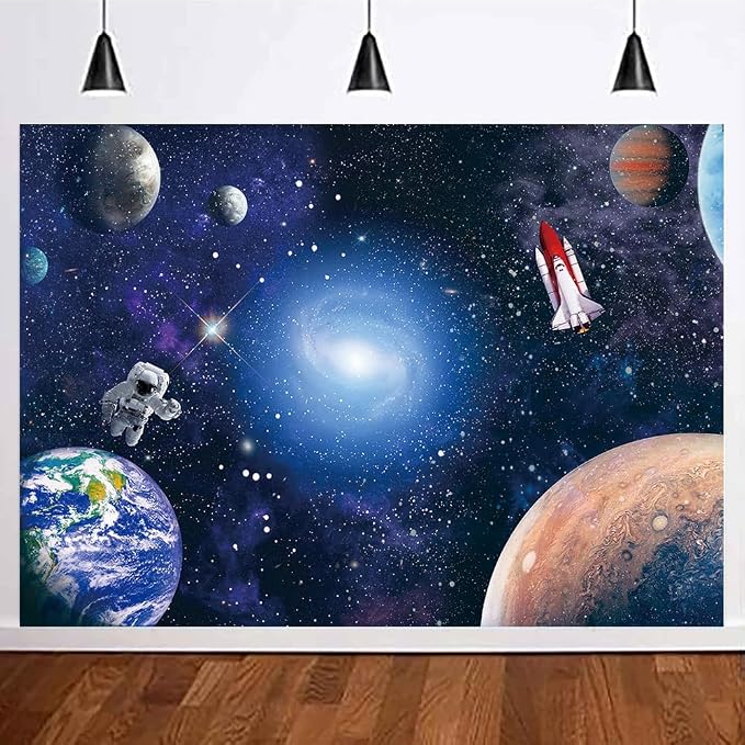 CGXINS Polyester 9x6ft Outer Space Astronaut Themed Baby Kids Childern Birthday Party Photography Backdrop Baby Shower Universe Galaxy Stars Newborn Photo Background Outer Space Blue Party Backdrop