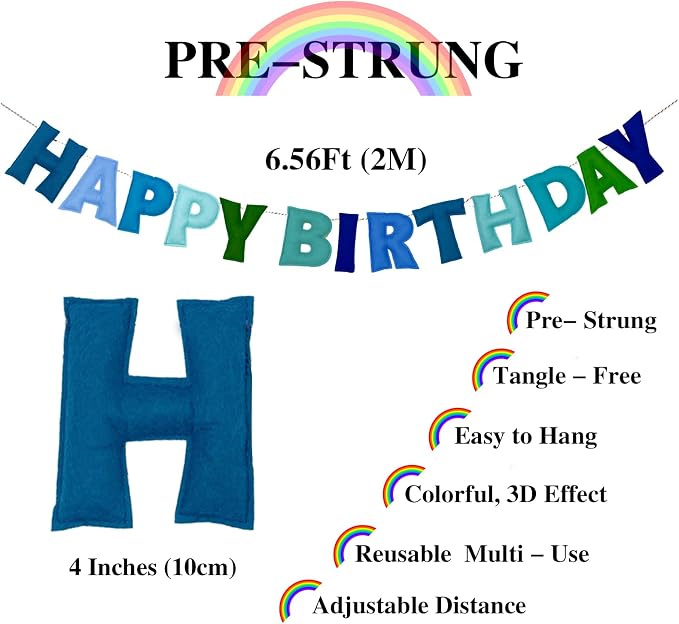 Pre-Strung Happy Birthday Banner - Felt Ball Garland, Rainbow Party Decorations, HAPPY BIRTHDAY Garland, Personalized Birthday Sign for Birthday Decor, Party Decor, Photo Prop (Blue Happy Birthday Banner)