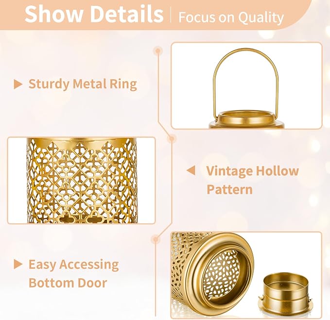 NUPTIO Gold Lanterns for Wedding Centerpieces: 6 Pcs 4.1inch Hanging Metal Tealight Holders Bulk Decorative Mini Tea Lights Indoor Candle Lantern for Thanksgiving Diwali Ramadan Decor (Style 1)
