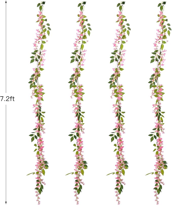 Lvydec Wisteria Artificial Flowers Garland, 4 Pcs Total 28.8ft Artificial Wisteria Vine Silk Hanging Flower for Home Garden Outdoor Ceremony Wedding Arch Floral Decor (Pink)