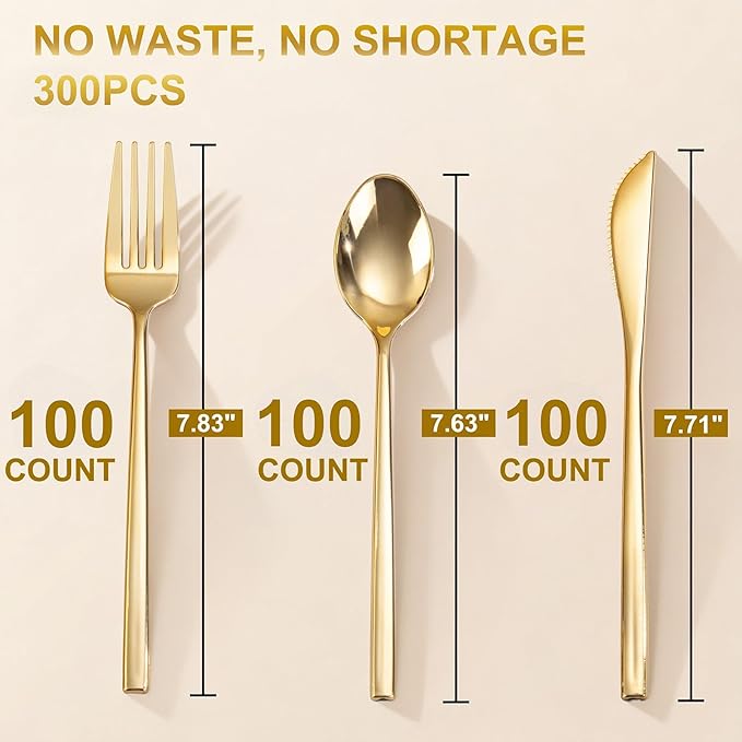 Tinybee 300PCS Gold Plastic Silverware - Heavy Duty Disposable Silverware, Luxury Gold Plastic Utensils - Elegant Disposable Utensil Include 100 Knives, 100 Forks, 100 Spoons Perfect for Party&Wedding