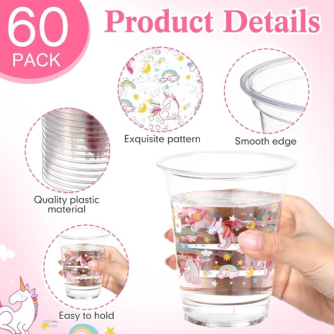 Funnymoom 60 Pack Unicorn Cups 12 oz Disposable Clear Plastic Unicornio Rainbow Drinking Cups for Unicorn Birthday Party Decorations Supplies