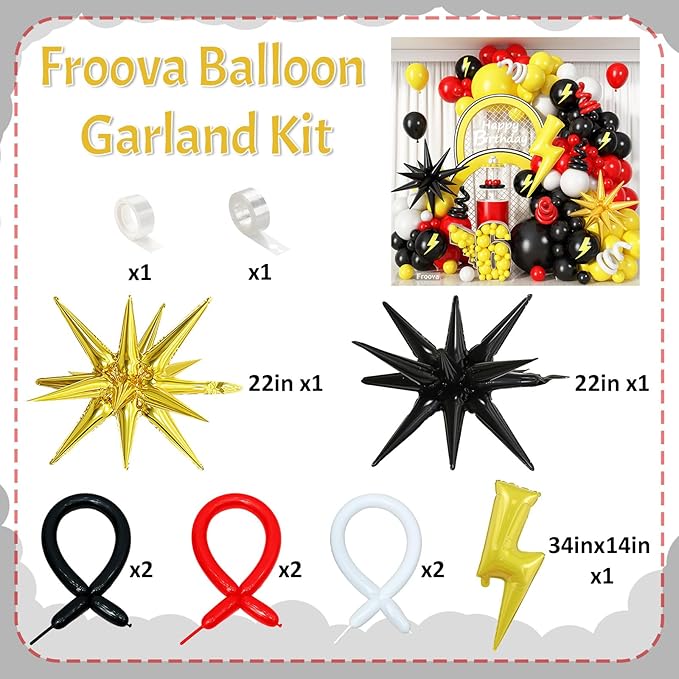 Red Black Yellow Balloon Garland Arch Kit, 117pcs Cartoon Birthday Party Decorations with White Long Balloon Lightning Strike Gold Explosion Star Foil Balloons for Cartoon Ball Baby Shower Party Decor
