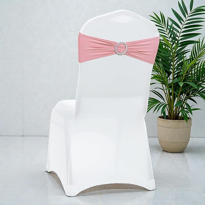 VDS - Dusty Rose | Spandex Chair Sashes Bows | 100 PCS | Stretch Elastic Banquet Universal Folding Chair Band Tie with Silver Buckle Slider for Wedding Party Conference Celebration Event Decoration