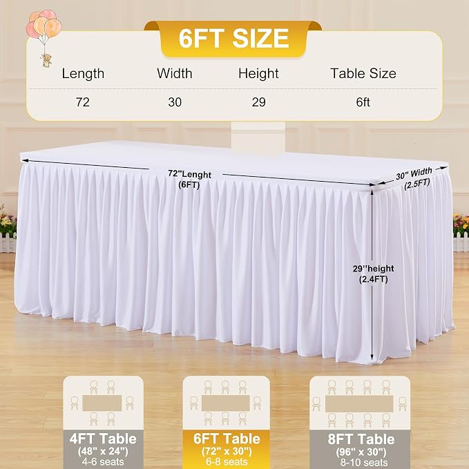 2 Packs White Tableclothes for 6 Foot Rectangle Tables, Wrinkle Free Fitted Table Cloth 6ft Stretch Table Cover with Skirt for Parties Weddings Birthday Banquet Baby Shower