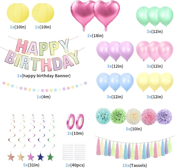 Pastel Rainbow Party Decorations 50Pcs Pastel Birthday Decorations for Girl | with Happy Birthday Banner Balloons Paper Pom Poms Lantern Hanging Swirls Garland Ribbon Macaron Theme Party Supplies