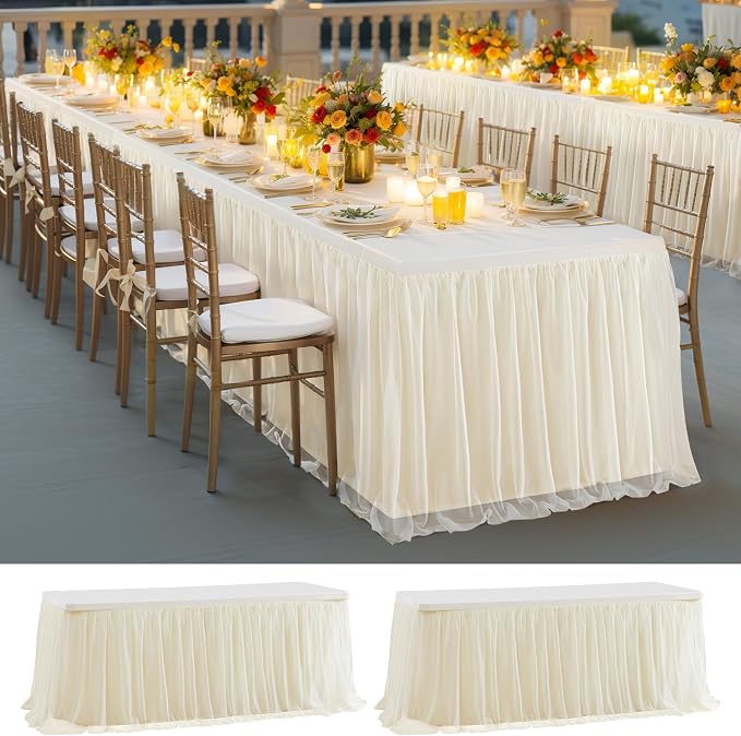 2 Pack Champagne Tulle Tablecloth Table Skirt for 6 Foot Rectangle Tables, Party Table Cloths Ruffle Tutu Table Skirt Stretch Fitted Table Covers for Baby Shower Wedding Bridal Shower Reception