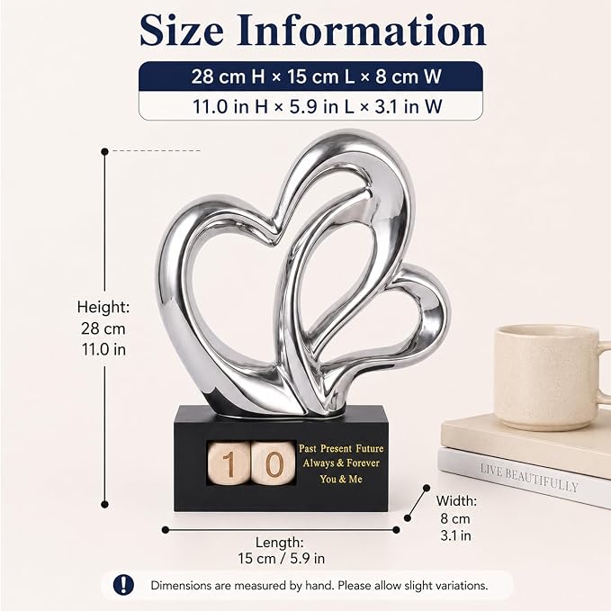 Ceramic Heart Sculpture with Date Blocks, Silver Hearts Statue for Home Decor, Romantic Valentines Day & Wedding for Couple, Shelf Mantel Tabletop Display (Silver)