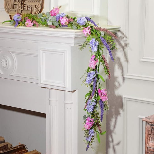 Giegxin 2 Pack 6 ft Artificial Flower Garland with Lilac and Lavender Purple Pink Flower Fake Wisteria Vines Summer Greenery Eucalyptus Garland for Wedding Mantle Porch Stair Table Indoor Decor