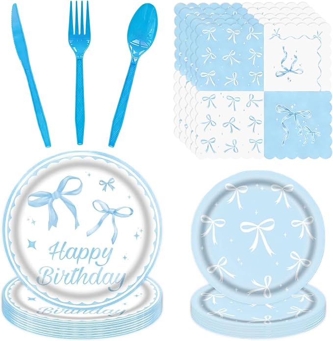 60Pcs Bow Party Supplies, Blue Bow Theme Party Decorations Include Blue Party Plates, Napkins, Forks, Knives, Spoons for Baby Shower Wedding Bridal Birthday Engagement Party Decor, Serves 10