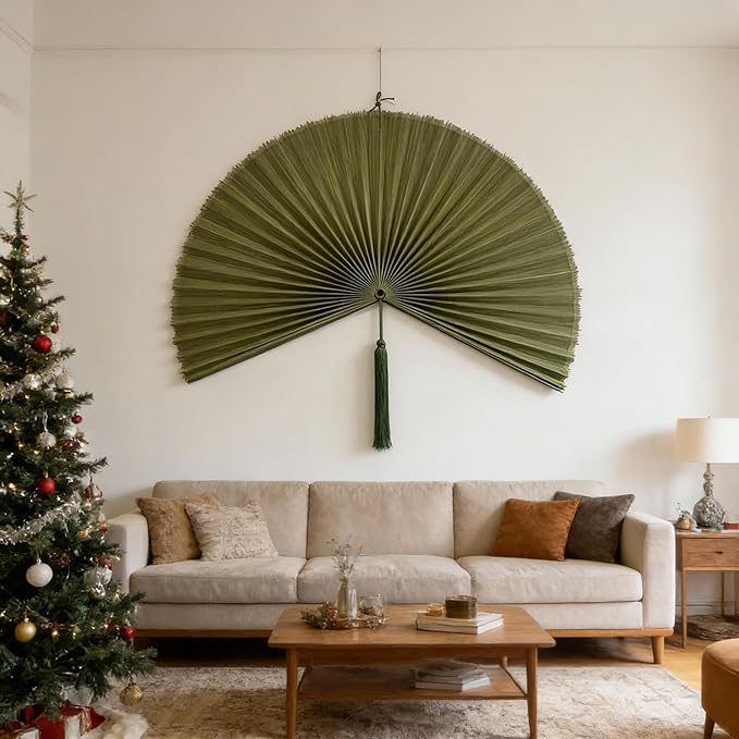 ChumDecor Fan Wall Decor, Japanese Giant Fan, Large Bamboo Fan Wall Art for Boho Hanging Headboard, Decorative Folding Fans for Over Bed, Asia Trending (Army Green 48inch)