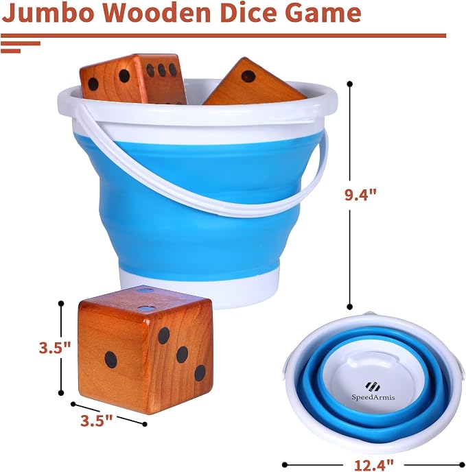 SpeedArmis 3.5" Giant Wooden Yard Dice Set - Large Lawn Yatzee with Scoreboard - Outdoor Beach Backyard Games for Adults Family (Including Collapsible Bucket)