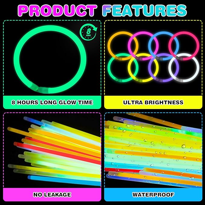 YixangDD 1000 PCS Ultra Bright Glow Sticks, 8 Inch Glow Sticks Bulk Party Pack, Light Up Sticks for Glow Bracelets, Necklaces, Concerts, Christmas, Party Supplies with 1000 Connectors