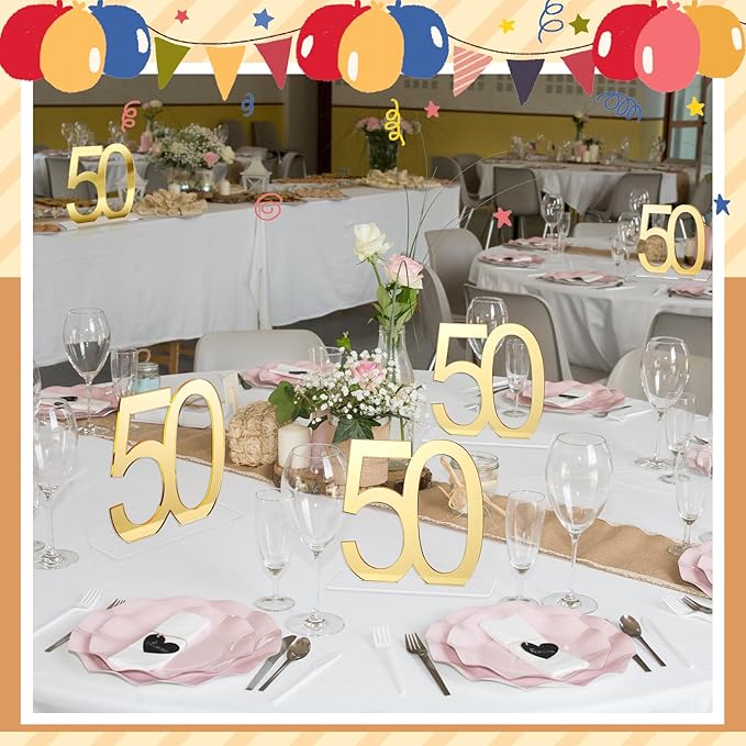 Threehoney 12 Pcs Mirror Gold 50th Birthday Decorations for Men and Women Acrylic Anniversary Decorations Table Numbers Centerpieces for Birthday Party
