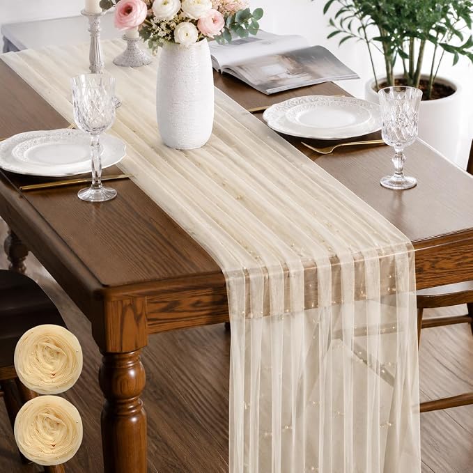 Pearl Champagne Gauze Pearl Table Runner 120 Inch 10FT, Seasonal Sheer Dining Holiday Wedding Birthday Baby Shower Tulle Summer Table Decor for Home Party