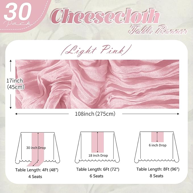 30 Pack Light Pink Cheesecloth Table Runner 17 x 108 inch Cheese Cloth Table Runners 9ft Pink Table Runner Rustic Romantic Sheer Gauze Runner for Wedding Party Baby Shower Table Decoration