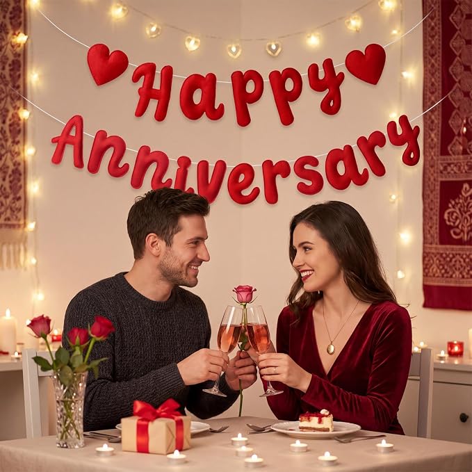 Mindsoft 2 Pcs Pre-Strung 3D Felt Red Happy Anniversary and Heart Garland Banner Reusable Romantic Decorations Happy Anniversary Sign for Wedding Party Decorations Photo Props