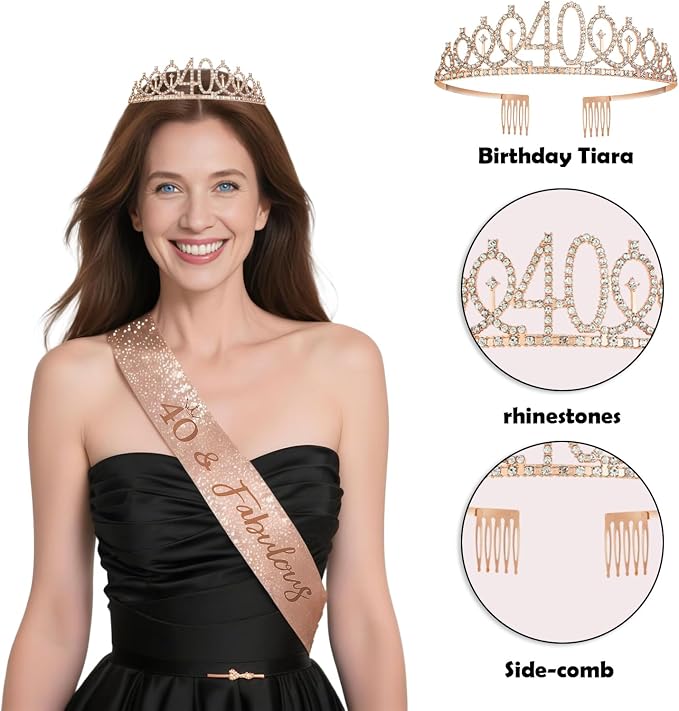 40th Birthday Decorations for Women, Black Rose Gold Happy 40 Years Old Decor for Her Include Sash and Crown, 30pcs Balloons Banner 40" Number Balloons, Backdrop Cake Topper & Paper Pom Poms