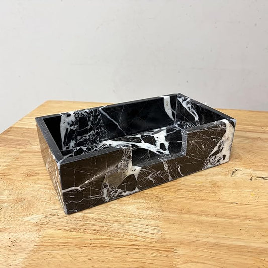 Natural Calacatta Black Marble Napkin Holder 9.8"x4.9"x2.8", Guest Towel Holder, Paper Hand Basket for Bathroom/Kitchen/Restaurant