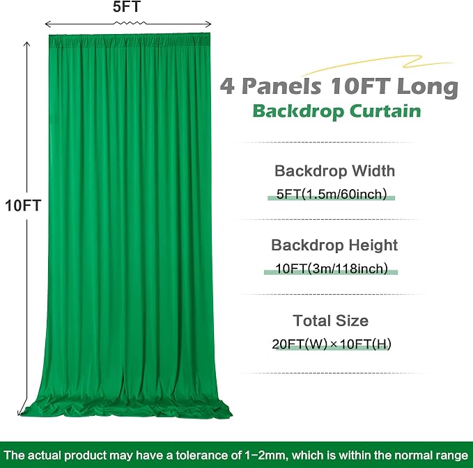 20 ft x 10ft Wrinkle Free Green Backdrop Curtain for Parties, 4 Panels 5x10ft Silky Polyester Green Backdrop Drapes Photo Back Drop Cloth for Wedding Birthday Baby Shower Photography Background